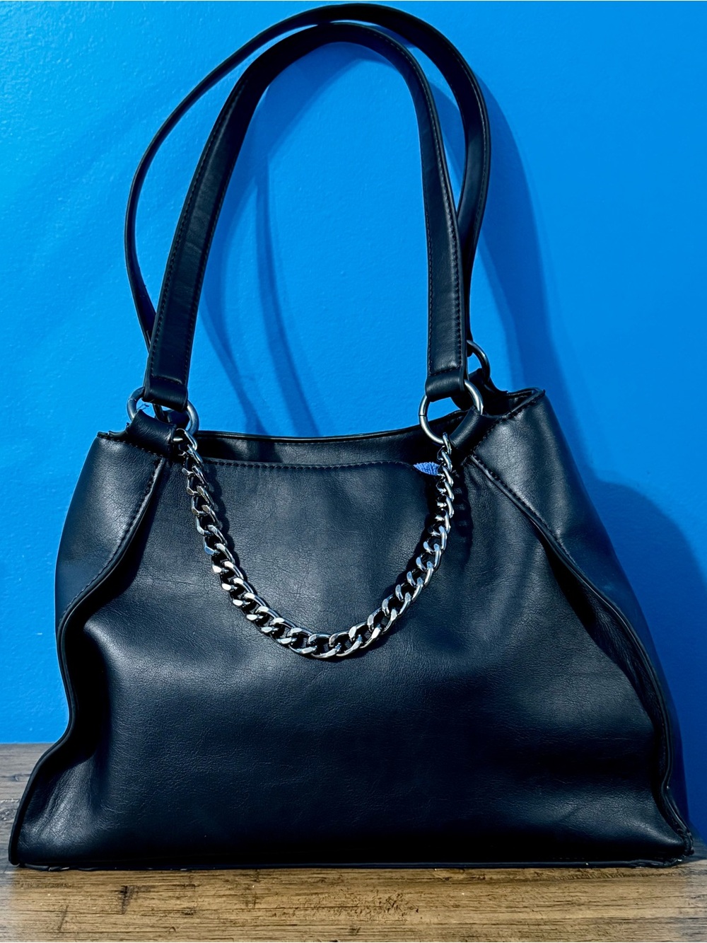 Simply Vera Vera Wang Black Leather Shoulder Tote with Chain Accent